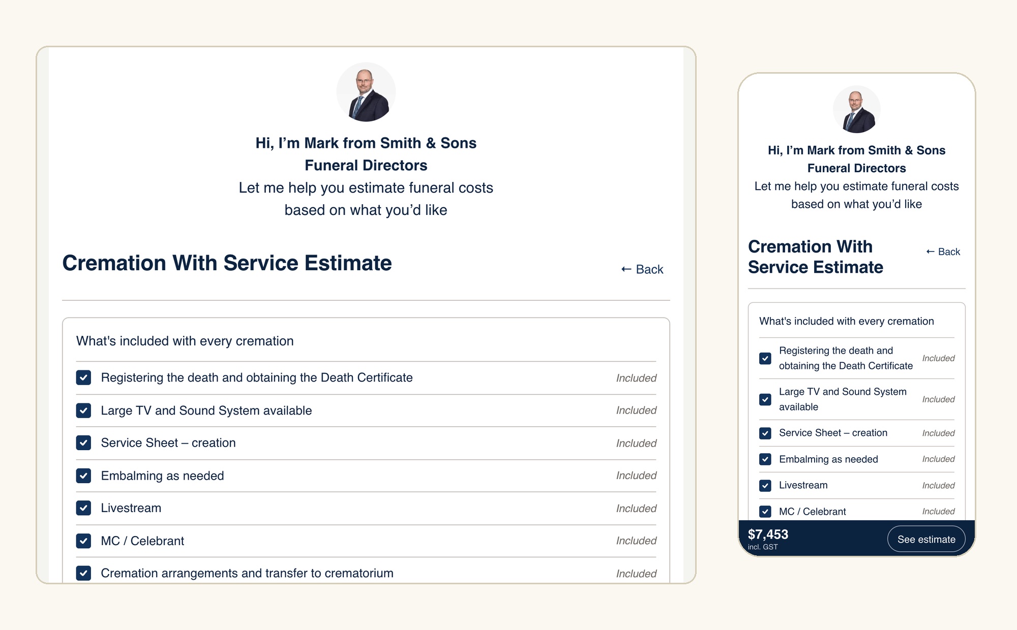 Funeral Estimator Pro on a funeral home website: a family choosing options with a running total