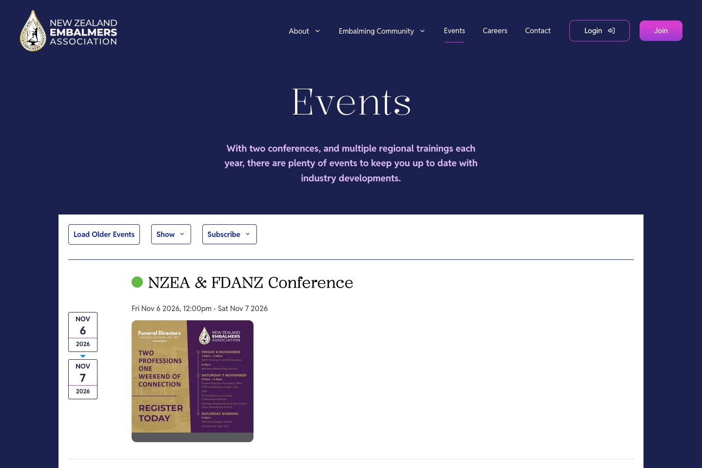 Event listings on the New Zealand Embalmers Association website