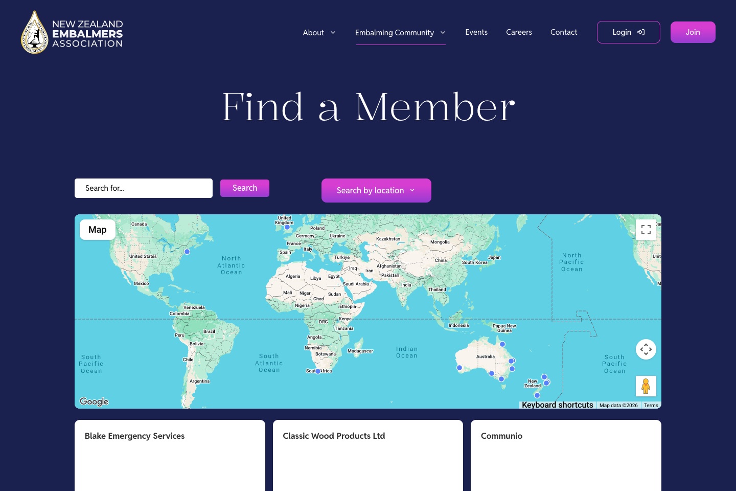 The searchable member directory on the New Zealand Embalmers Association website