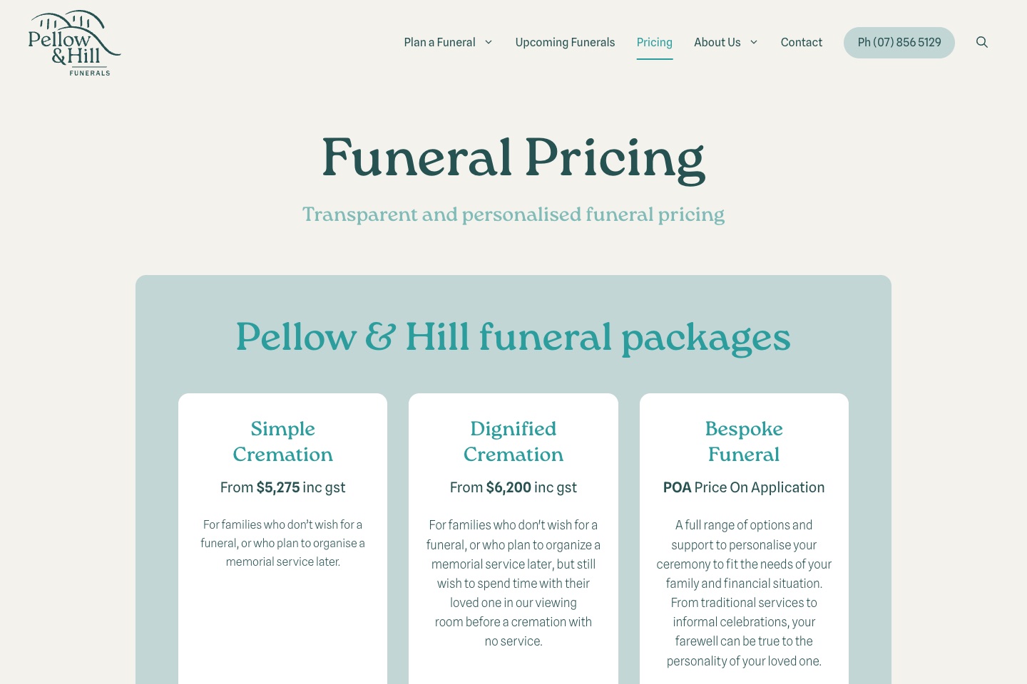 Transparent pricing packages on the Pellow & Hill website